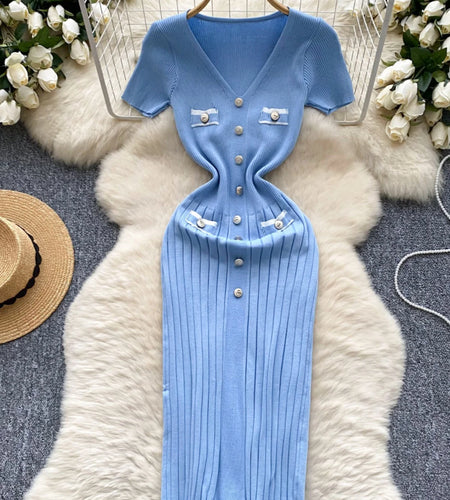 Korean Fashion Women's Solid V Neck Elegant Slim Short Sleeved Dress Summer Single Breasted Office Lady Holiday Knitted Dresses