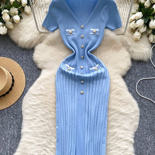 Load image into Gallery viewer, Korean Fashion Women's Solid V Neck Elegant Slim Short Sleeved Dress Summer Single Breasted Office Lady Holiday Knitted Dresses
