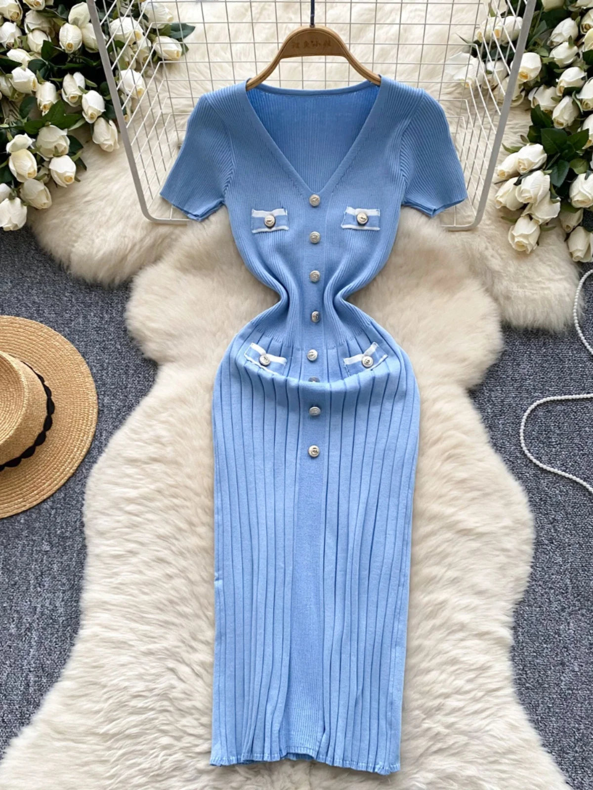 Korean Fashion Women's Solid V Neck Elegant Slim Short Sleeved Dress Summer Single Breasted Office Lady Holiday Knitted Dresses