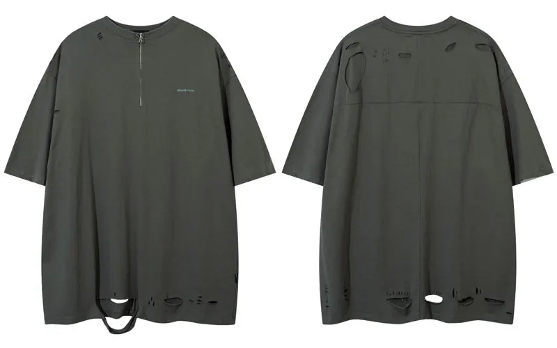 Hip Hop Oversized Tshirt Streetwear Solid Half Zipper Destroy Ripped Holes Punk Gothic T-Shirts Men Harajuku Casual Baggy Tops