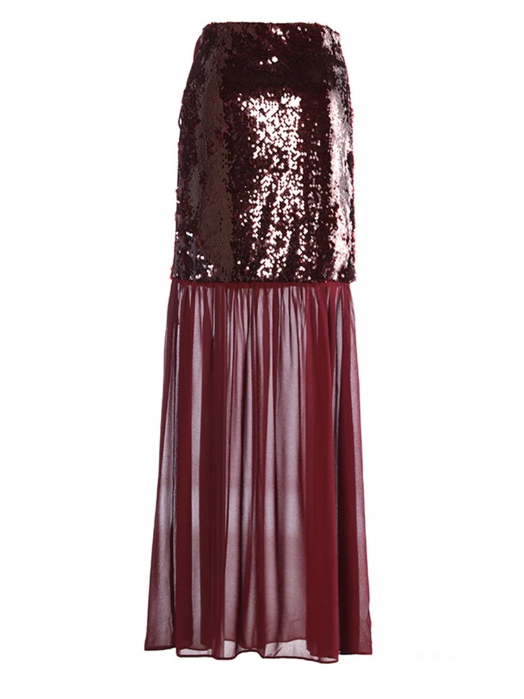 High Waist Wine Red Sequins False Mesh Long Elegant Half-body Skirt Women Fashion Tide New Spring Autumn 2025 1DH9402