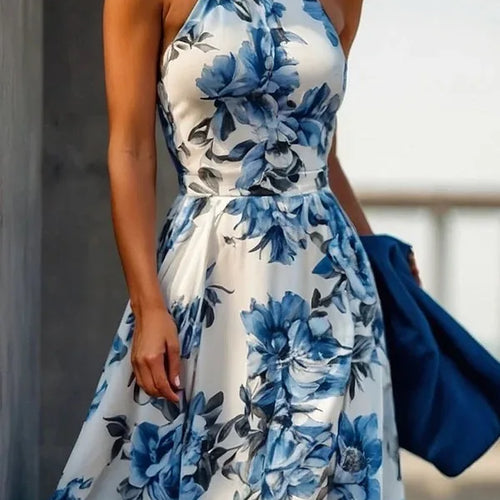 Load image into Gallery viewer, Women Summer Long Dresses 2025 New Fit Party Beach Birthday Wedding Sleeveless Flower Print Halter A-line Dress Woman
