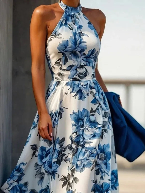 Women Summer Long Dresses 2025 New Fit Party Beach Birthday Wedding Sleeveless Flower Print Halter A-line Dress Woman