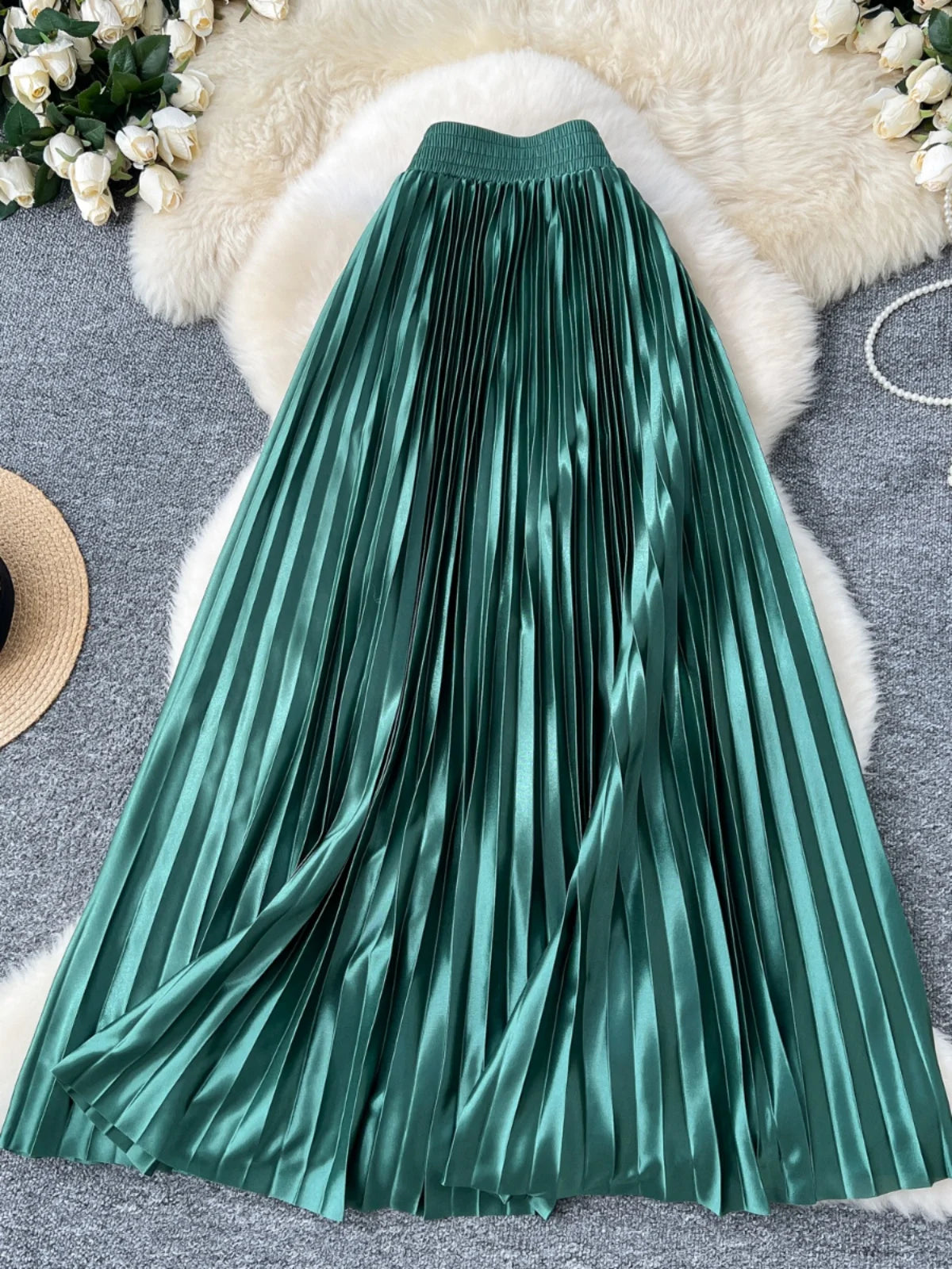French Retro Women Fashion Solid Elegant Long Skirt Autumn Winter Elastic High Waist Popular Pleated Skirt Simplicity Streetwear
