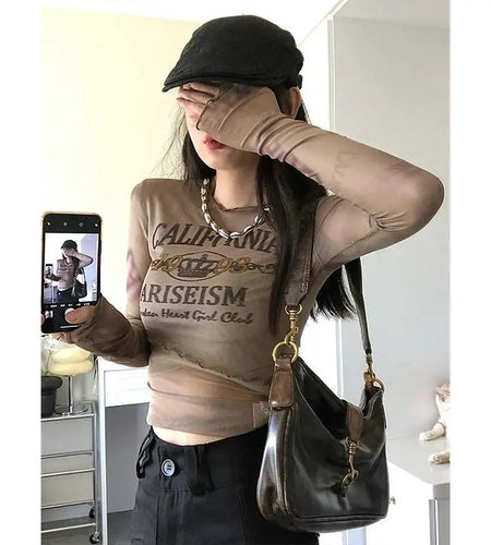 Print Long Sleeve T Shirts Women Long Sleeve Tunic Gauze Tees Summer Letter Crop Tops 2023 Ropa Mujer Fashion Sexy Y2k Tshirts