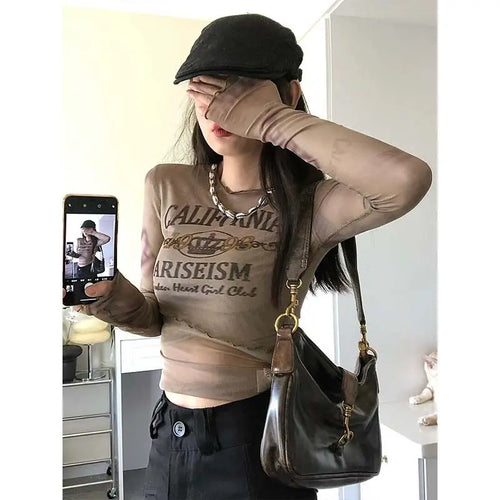 Load image into Gallery viewer, Print Long Sleeve T Shirts Women Long Sleeve Tunic Gauze Tees Summer Letter Crop Tops 2023 Ropa Mujer Fashion Sexy Y2k Tshirts
