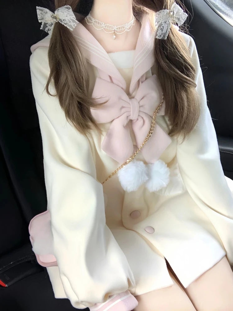 Kawaii Bow Sailor Collar Coat Women Y2k Aesthetic Single Breasted Jackets Sweet JK Lolita Trench Blends Coats Femme Autumn 2025