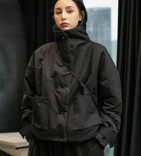 Black Warm Short Stand Collar Cotton-padded Coat Long Sleeve Loose Fit Women Parkas Fashion New Autumn Winter 2025 1DD1637