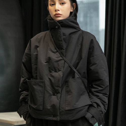 Load image into Gallery viewer, Black Warm Short Stand Collar Cotton-padded Coat Long Sleeve Loose Fit Women Parkas Fashion New Autumn Winter 2025 1DD1637
