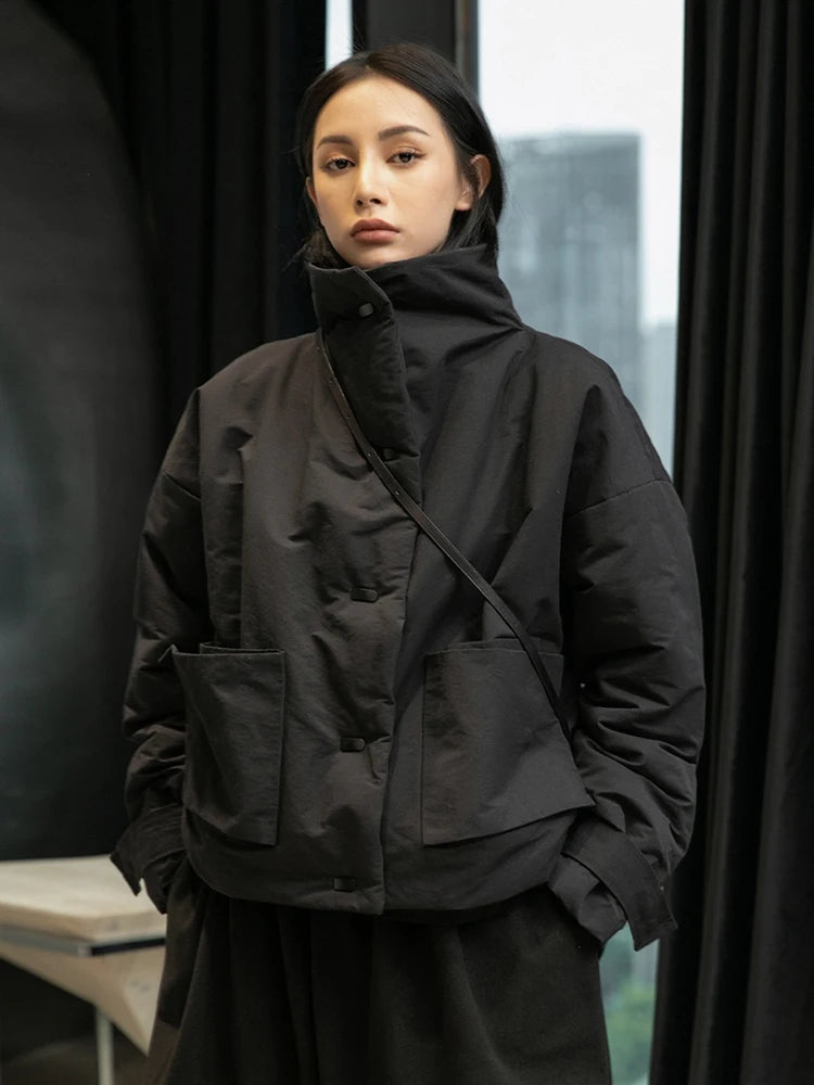 Black Warm Short Stand Collar Cotton-padded Coat Long Sleeve Loose Fit Women Parkas Fashion New Autumn Winter 2025 1DD1637