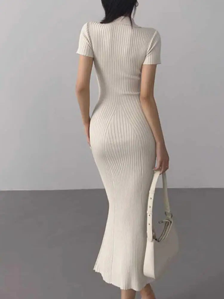 Korean Version Summer Solid Elegant Office Lady Button Knitted Long Dress Women's Slim Short Sleeve Wrapped Hip Fishtail Dresses