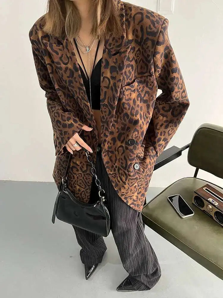 Women Leopard Print Big Size Casual Blazer New Lapel Long Sleeve Loose Fit Jacket Fashion Tide Spring Autumn 2025 1DF2518