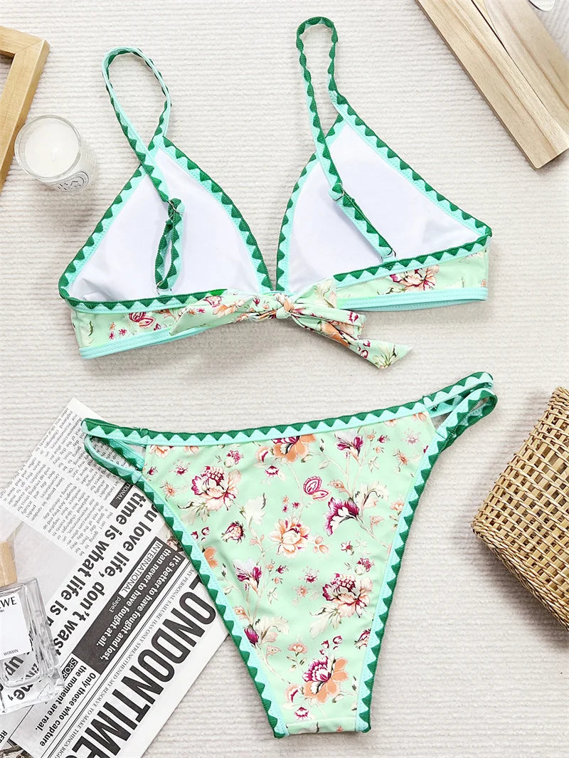 Flower Printed Halter Bikini Set Female Swimsuit Brazilian Women Swimwear Floral Bathing Suit for Women