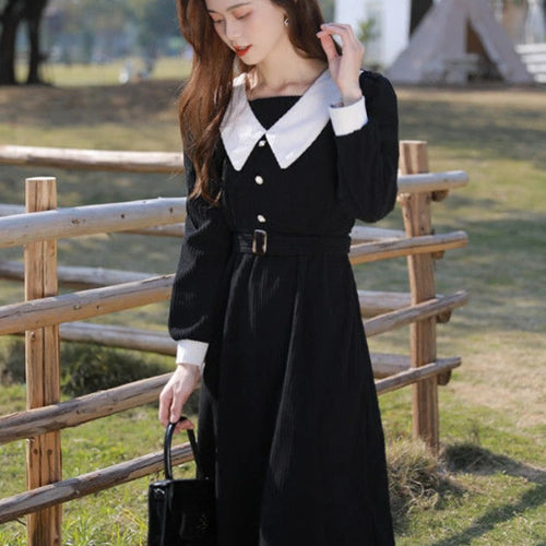 Load image into Gallery viewer, Preppy Style School Corduroy Dress Women Sweet Kawaii Black Long Sleeve Midi Dresses with Belt Korean Autumn Winter
