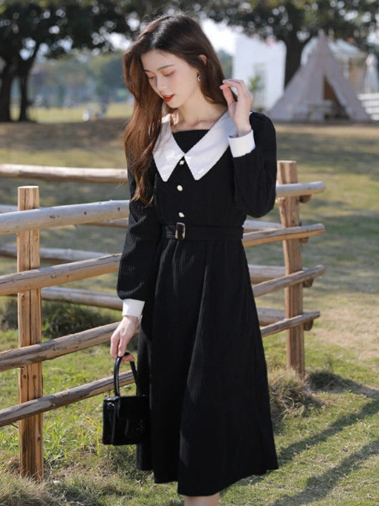 Preppy Style School Corduroy Dress Women Sweet Kawaii Black Long Sleeve Midi Dresses with Belt Korean Autumn Winter