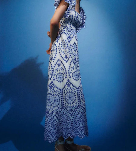 Vintage Print Colorblock Dress For Women Square Collar Butterfly Sleeve Gathered Waist Midi Dresses Female 2022 Summer Style