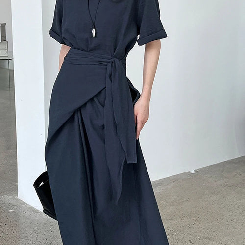 Load image into Gallery viewer, Women Navy Blue Cross Bandage Big Size Elegant Midi Dress New Round Neck Short Sleeve Fashion Spring Summer 2025 1DJ1359
