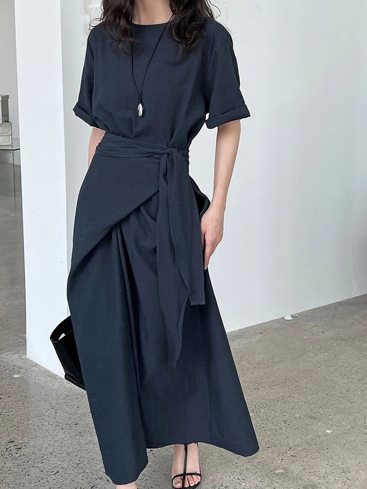 Women Navy Blue Cross Bandage Big Size Elegant Midi Dress New Round Neck Short Sleeve Fashion Spring Summer 2025 1DJ1359