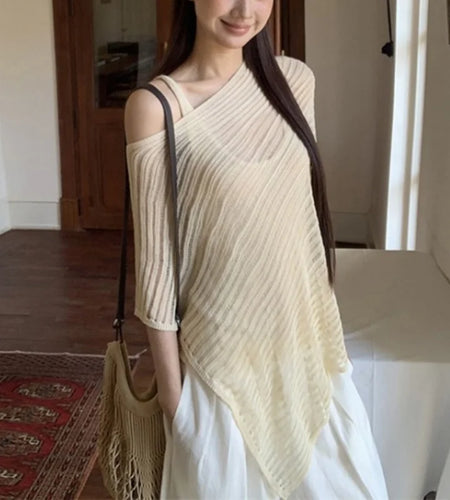 y2k Tops for Women Coverup Summer See Through Slash Neck Off Shoulder Short Sleeve Asymmetric Knit Cover Ups Streetwear