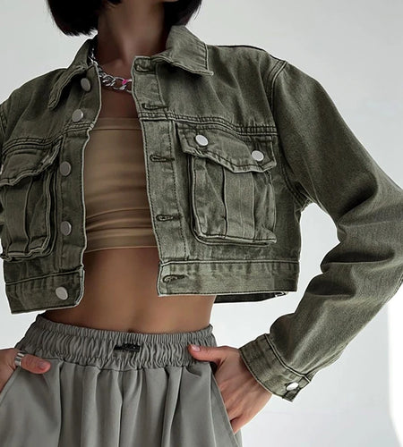 Fairycore Retro Short Denim Jacket Cargo Style Pockets Harajuku Autumn Women's Coat Buttons Winter Jackets Distressed