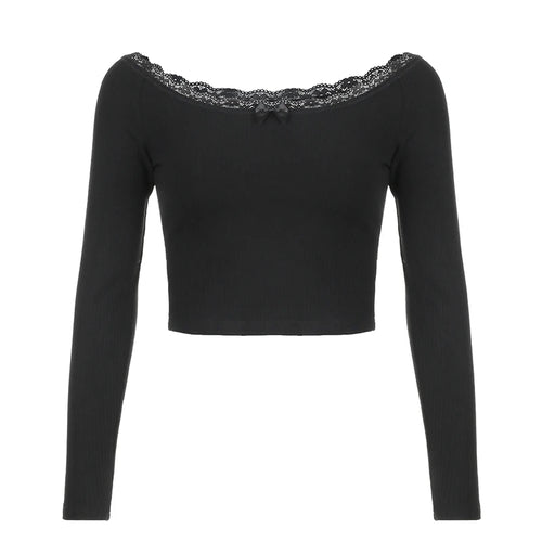 Load image into Gallery viewer, Fashion Black Basic Autumn T shirt Female Lace Trim Knit Crop Top Bow Off Shoulder Korean Elegant Sexy Tee Pullovers
