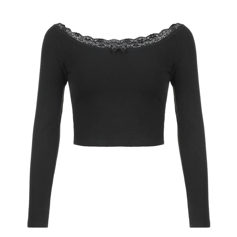 Fashion Black Basic Autumn T shirt Female Lace Trim Knit Crop Top Bow Off Shoulder Korean Elegant Sexy Tee Pullovers