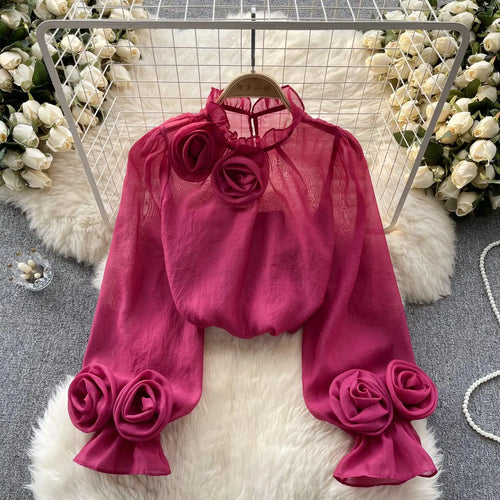 Load image into Gallery viewer, Vintage French Style Solid Elegant 3d Floral Blouses Autumn Women's Vintage Long Sleeve Shirts Holiday Ruffles Tops Simplicity
