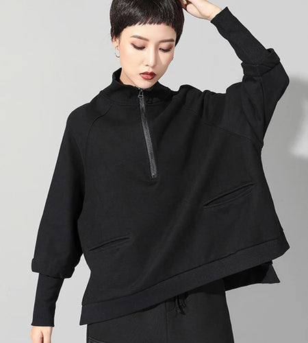 Loose Fit Black Irregular Sweatshirt New Turtleneck Long Sleeve Women Big Size Fashion Tide Spring Autumn 2025 JQ021