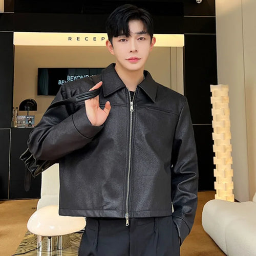 Load image into Gallery viewer, Solid Color Male Jackets Korean Fashion Turn-down Collar Patchwork Zipper Men&#39;s Short Coats Autumn New Trendy 2024 9C4451
