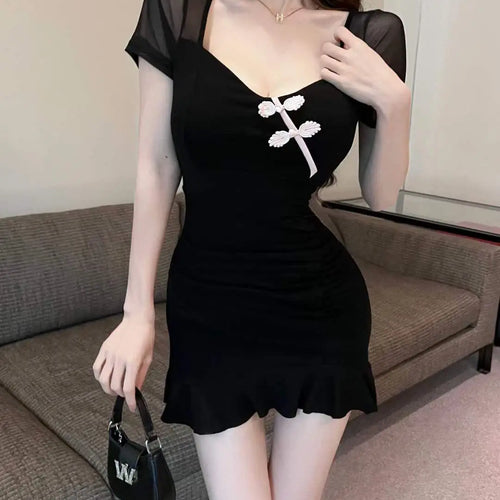 Load image into Gallery viewer, Vintage Summer Chinese Style Black Elegant Sexy Club Party Mini Dress Women Square Collar Short Sleeve Backless Slim Short Dress

