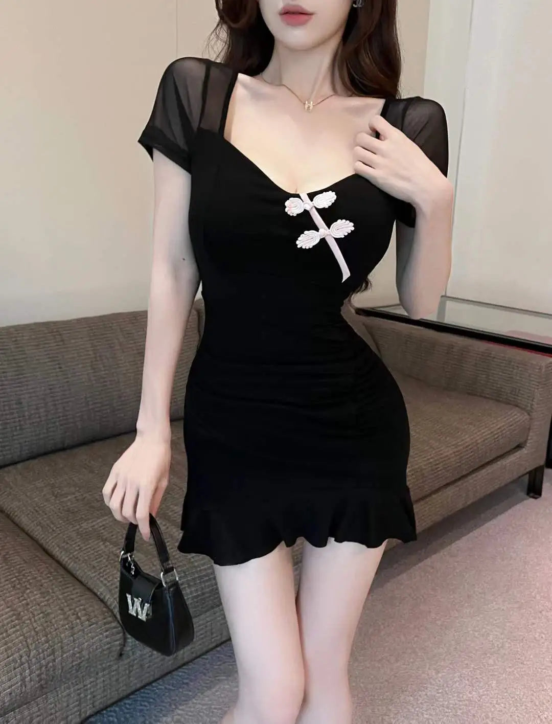 Vintage Summer Chinese Style Black Elegant Sexy Club Party Mini Dress Women Square Collar Short Sleeve Backless Slim Short Dress