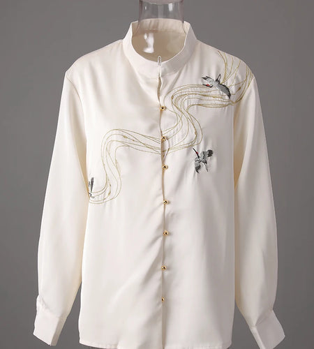 Women Apricot Embroidery Vintage Big Size Blouse New Stand Collar Long Sleeve Shirt Fashion Spring Autumn 2025 CPG3216