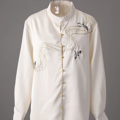 Load image into Gallery viewer, Women Apricot Embroidery Vintage Big Size Blouse New Stand Collar Long Sleeve Shirt Fashion Spring Autumn 2025 CPG3216
