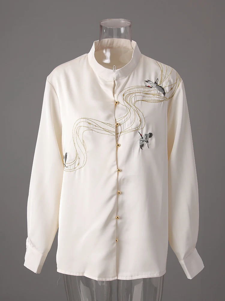 Women Apricot Embroidery Vintage Big Size Blouse New Stand Collar Long Sleeve Shirt Fashion Spring Autumn 2025 CPG3216