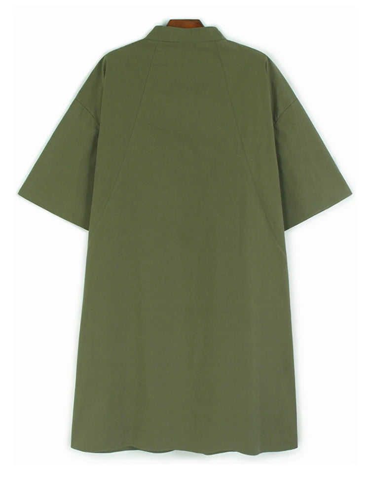 Women Green Big Size Elegant Knee-Length Shirt Dress New Stand Collar Long Sleeve Fashion Tide Spring Autumn 2025 1DJ0928