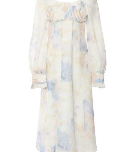 Women Pattern Printed Elegant Long Dress New Square Collar Long Puff Sleeve Fashion Tide Spring Autumn 2025 1DJ0340