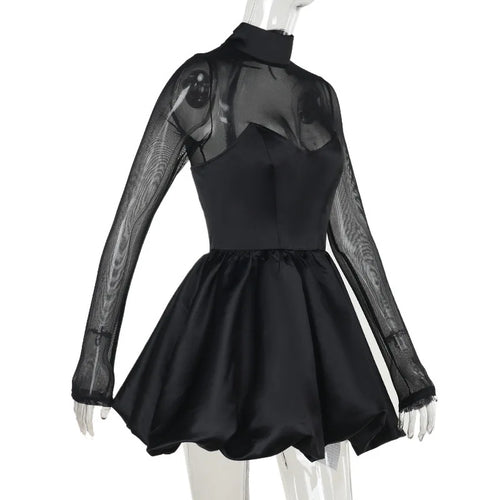 Load image into Gallery viewer, Turtleneck Sheer Long Sleeve Sexy Mini Dress For Women Black See Through High Waist A-line Club Party Dress Elegant
