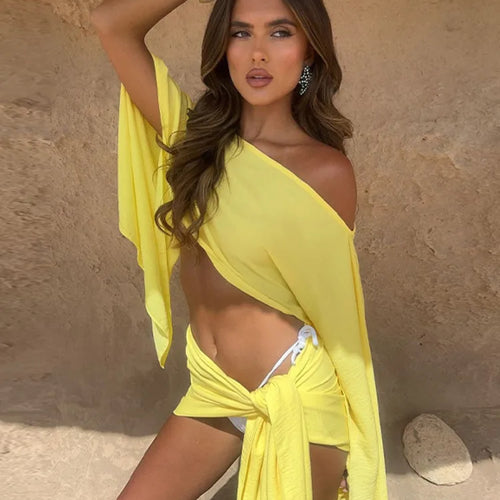 Load image into Gallery viewer, Sexy Skirt Two Piece Sets Women Skew Collar Cape Sleeve Crop Tops And Hot Skirt Matching Sets Sexy Beach Two Piece Set
