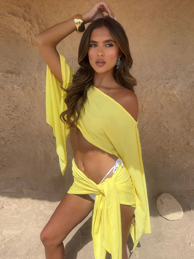 Sexy Skirt Two Piece Sets Women Skew Collar Cape Sleeve Crop Tops And Hot Skirt Matching Sets Sexy Beach Two Piece Set