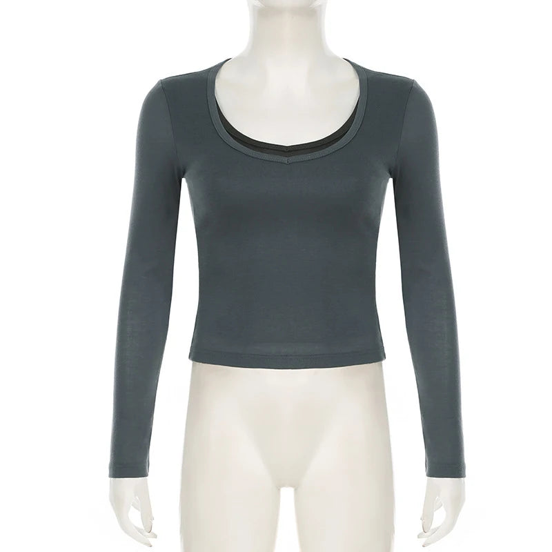 y2k Tops Women Goth Grunge Clothes Slim Fit V Neck Patchwork Long Sleeve Cropped T Shirts 2000s Clothing Streetwear