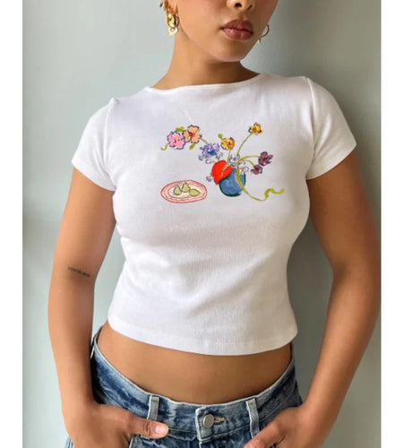 y2k Baby Tee Women Craphic Crop Top Round Neck Short Sleeve T Shirt Casual Vest 2000s Aesthetic Clothes Streetwear