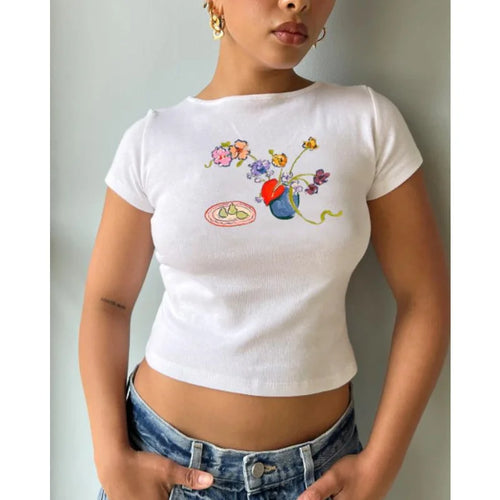 Load image into Gallery viewer, y2k Baby Tee Women Craphic Crop Top Round Neck Short Sleeve T Shirt Casual Vest 2000s Aesthetic Clothes Streetwear
