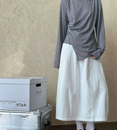 Women Gray Cross Irregular Hem Casual Slim T-shirt New Round Neck Long Sleeve Fashion Tide Spring Autumn 2025 1DJ0739