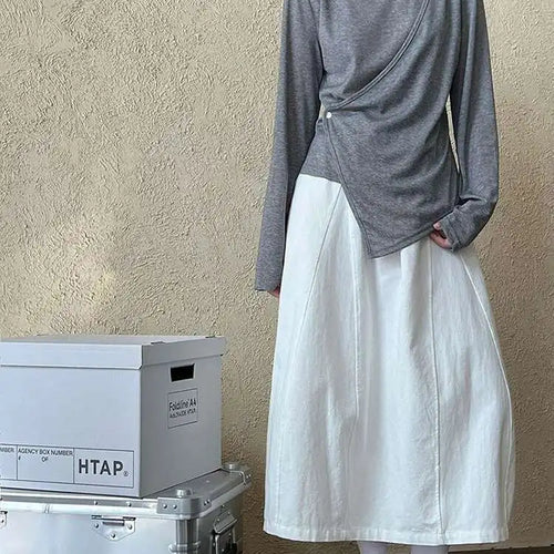 Load image into Gallery viewer, Women Gray Cross Irregular Hem Casual Slim T-shirt New Round Neck Long Sleeve Fashion Tide Spring Autumn 2025 1DJ0739
