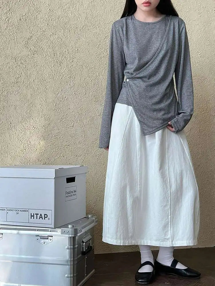 Women Gray Cross Irregular Hem Casual Slim T-shirt New Round Neck Long Sleeve Fashion Tide Spring Autumn 2025 1DJ0739