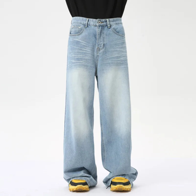 High Street Men's Denim Pants Stylish Casual Washed Crease Pockets Male Trend Trousers Summer Loose Jeans 9C6285