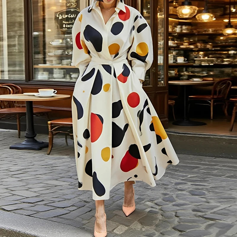 Classy Shirts Long Dresses Woman 2025 Spring Fall Printed Elegant Clothes Long Sleeves Womens Urban Pleating Maxi Dress