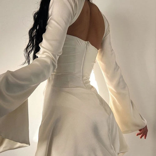 Load image into Gallery viewer, Long Sleeve Satin Dress White Sexy Evening Wedding Guest Night Dress Party Dress Draped Mini Birthday Dress For Women 2022 lined
