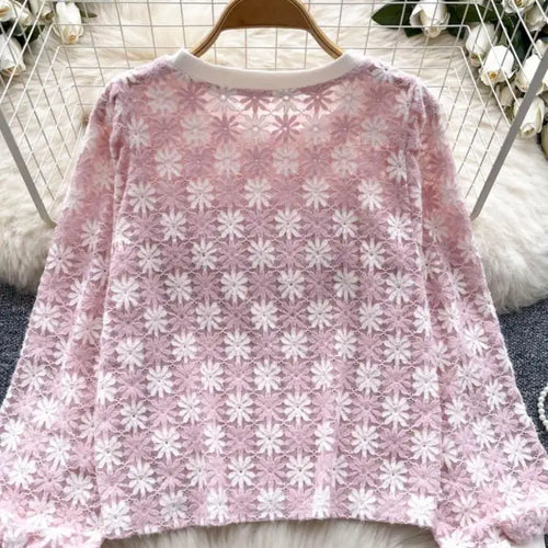 Load image into Gallery viewer, Korean Women's Flower Patchwork Round Neck Hollow Out Crochet Short Sweater Autumn New Long Sleeve Pullover Top Popular Clothing
