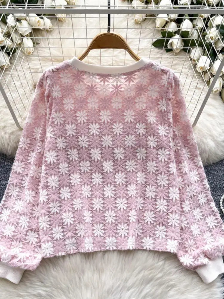 Korean Women's Flower Patchwork Round Neck Hollow Out Crochet Short Sweater Autumn New Long Sleeve Pullover Top Popular Clothing